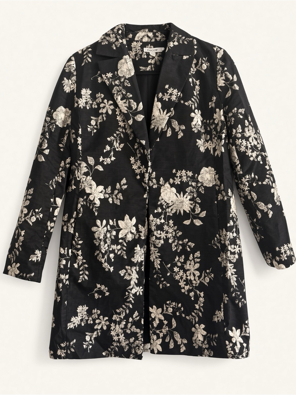 Chico's Black Blazer with Cream Floral Jacquard Accents